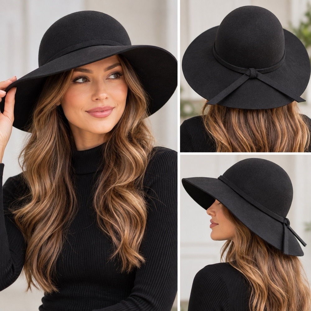 Women's Black Wide Brim Felt Hat Round Crown Boho 100% Wool Knotted Band Wide - Picture 2 of 5